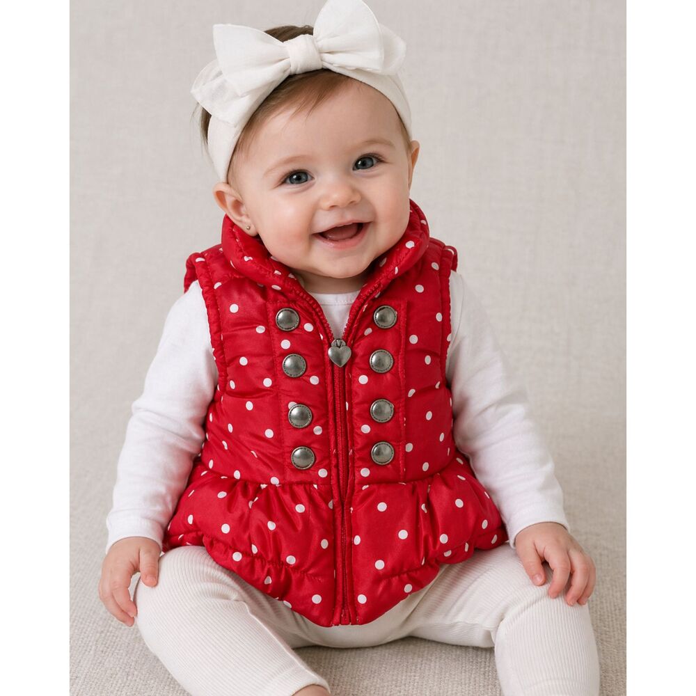 Kids Headquarters baby Girl Puffer Vest 6/9M Red White Polka Dot Ruffle Trim